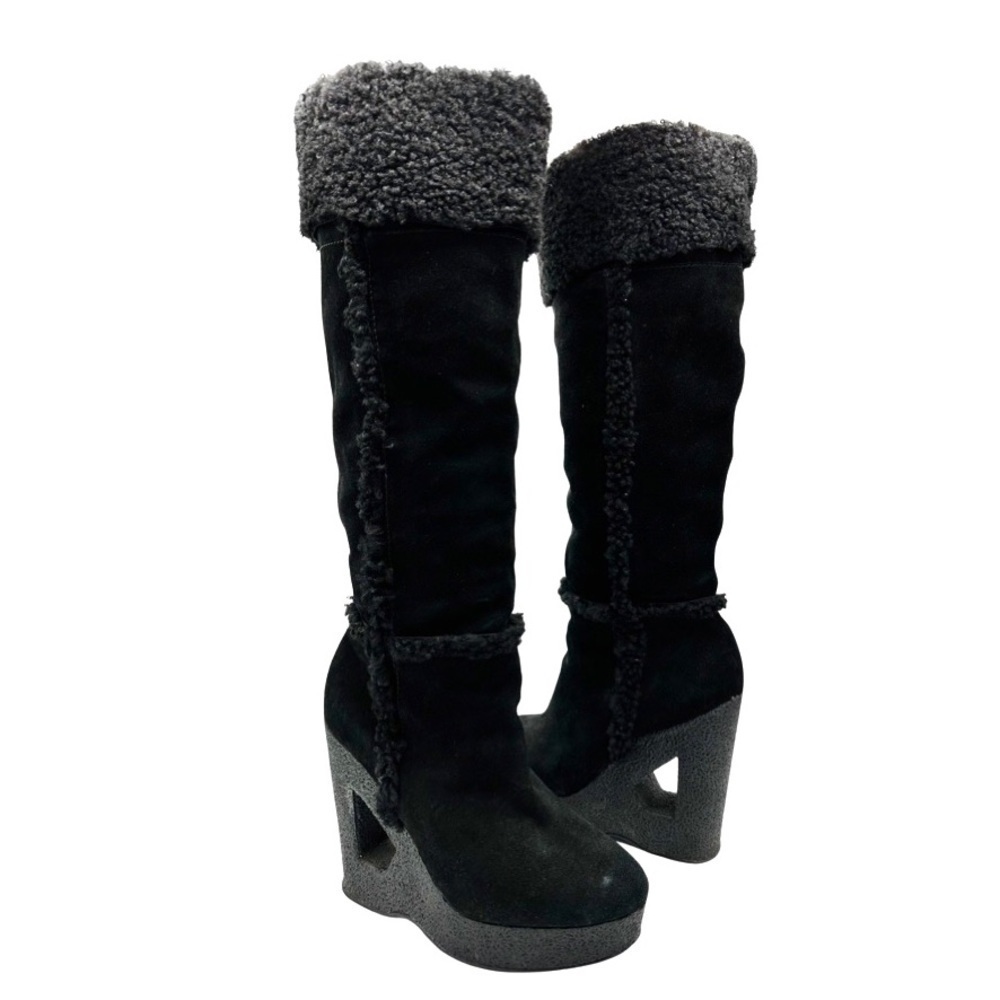 Michael Kors Knee High Suede & Shearling‎ Wedge Cutout Heel Boots